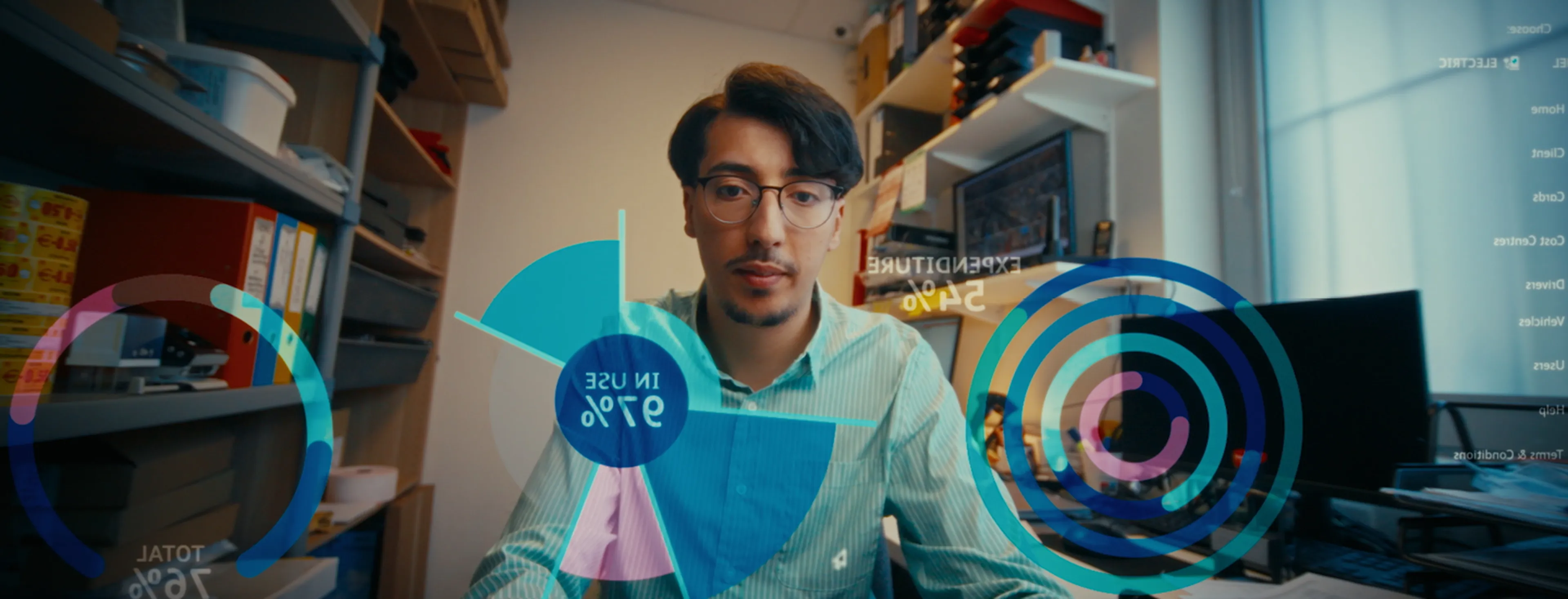 Een fleet manager zit in een kantoorruimte achter zijn bureau, met grafische datavisualisaties geprojecteerd op het scherm. Cirkeldiagrammen tonen statistieken zoals "In use 97%" en "Expenditure 54%".